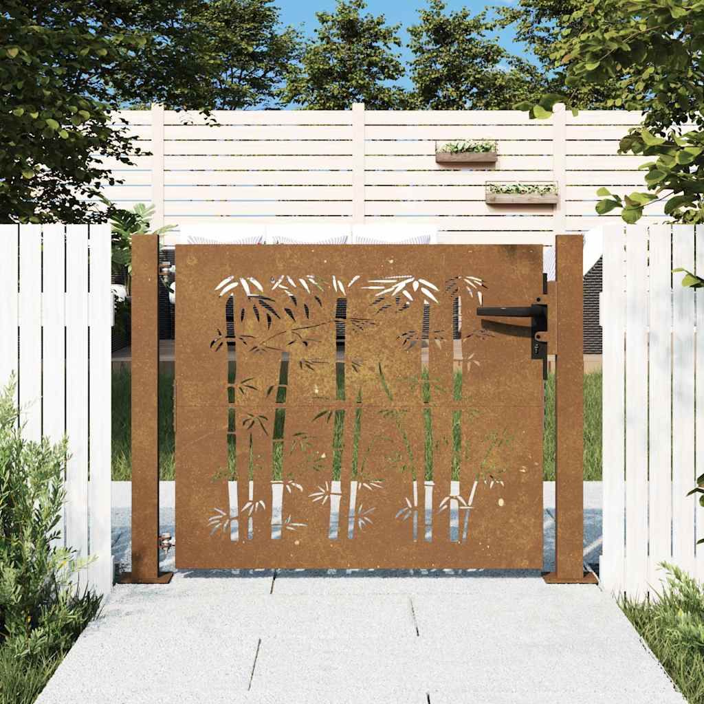 Cancello da giardino 100x75 cm in acciaio Corten e design in bambù vidaXL