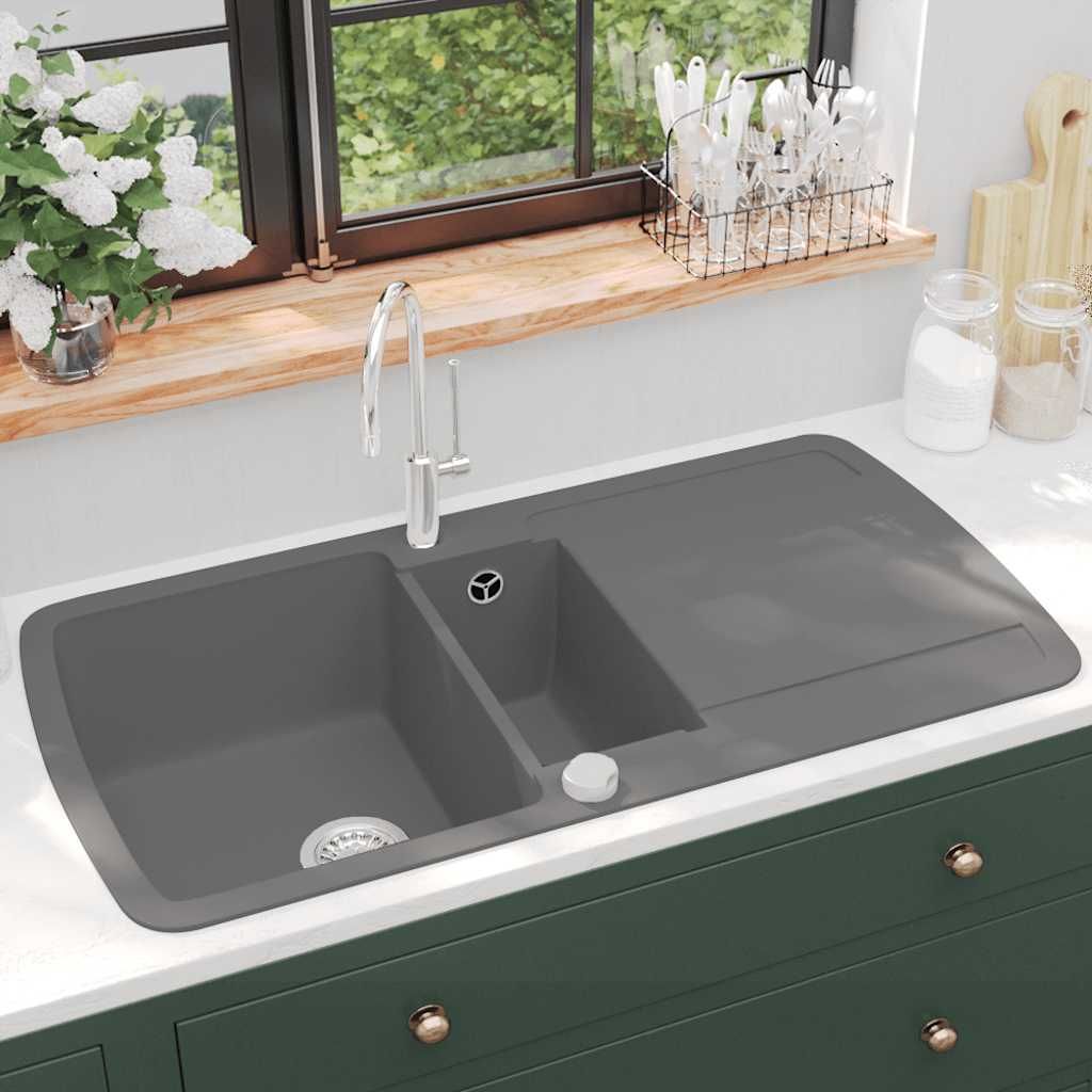 Lavello da Cucina in Granito Vasca Doppia Grigio vidaXL