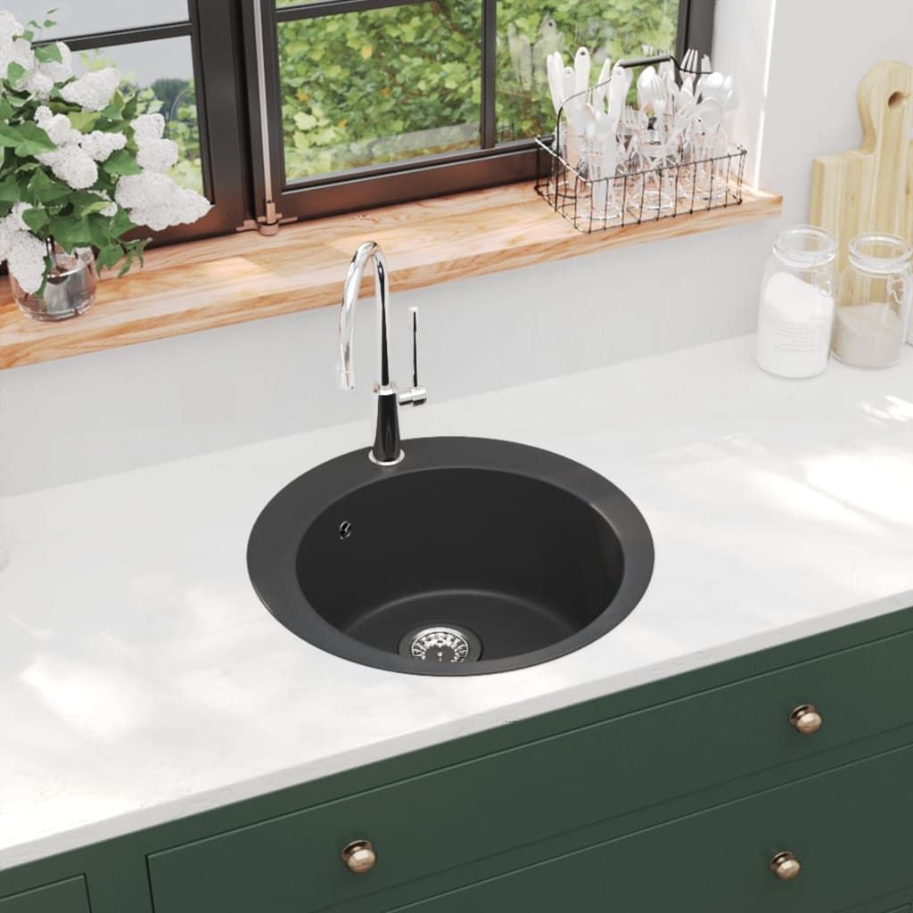 Lavello da Cucina in Granito Vasca Singola Circolare Nero vidaXL