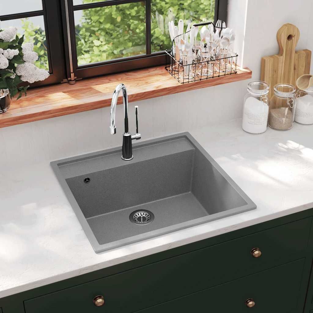 Lavello da Cucina con Foro Troppopieno Grigio in Granito vidaXL