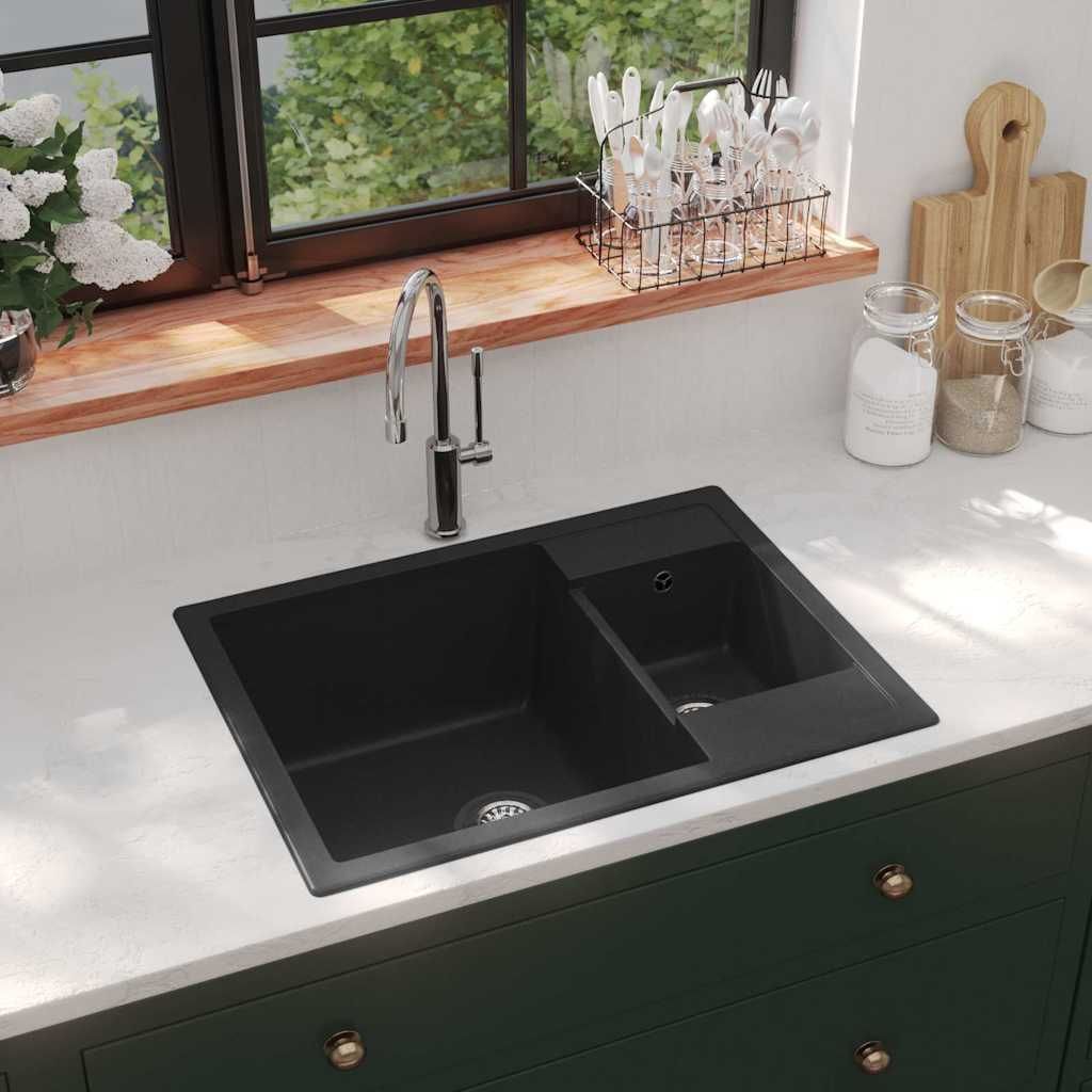 Lavello da Cucina Doppio con Foro Troppopieno Nero in Granito vidaXL