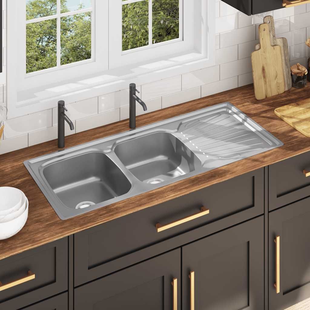 Lavello da Cucina Doppio con Filtro e Sifone in Acciaio Inox vidaXL