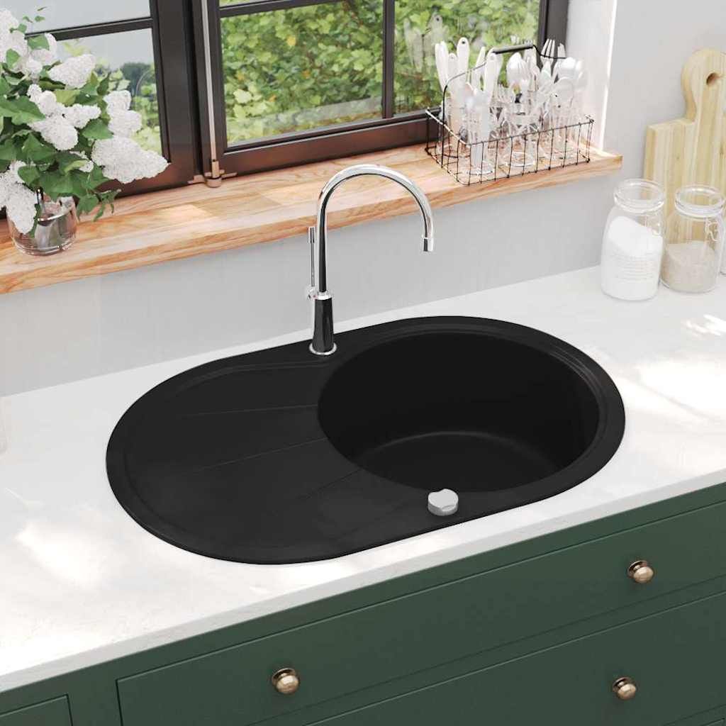 Lavello da Cucina in Granito Vasca Singola Ovale Nero vidaXL