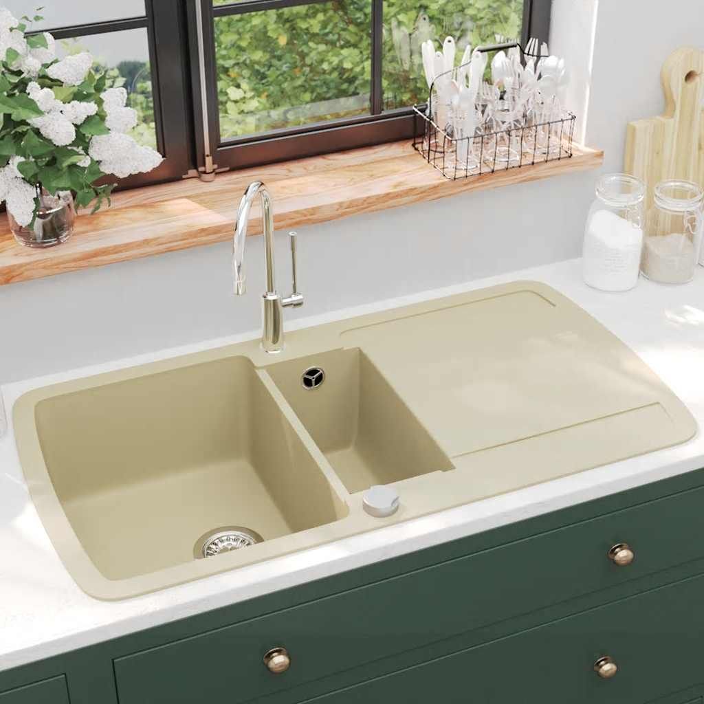 Lavello da Cucina in Granito Vasca Doppia Beige vidaXL