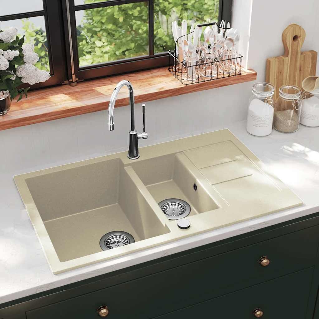 Lavello da Cucina in Granito Vasca Doppia Beige vidaXL