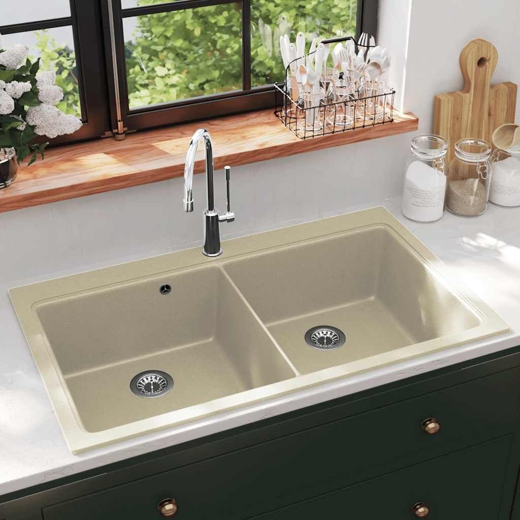 Lavello da Cucina in Granito Vasca Doppia Beige vidaXL