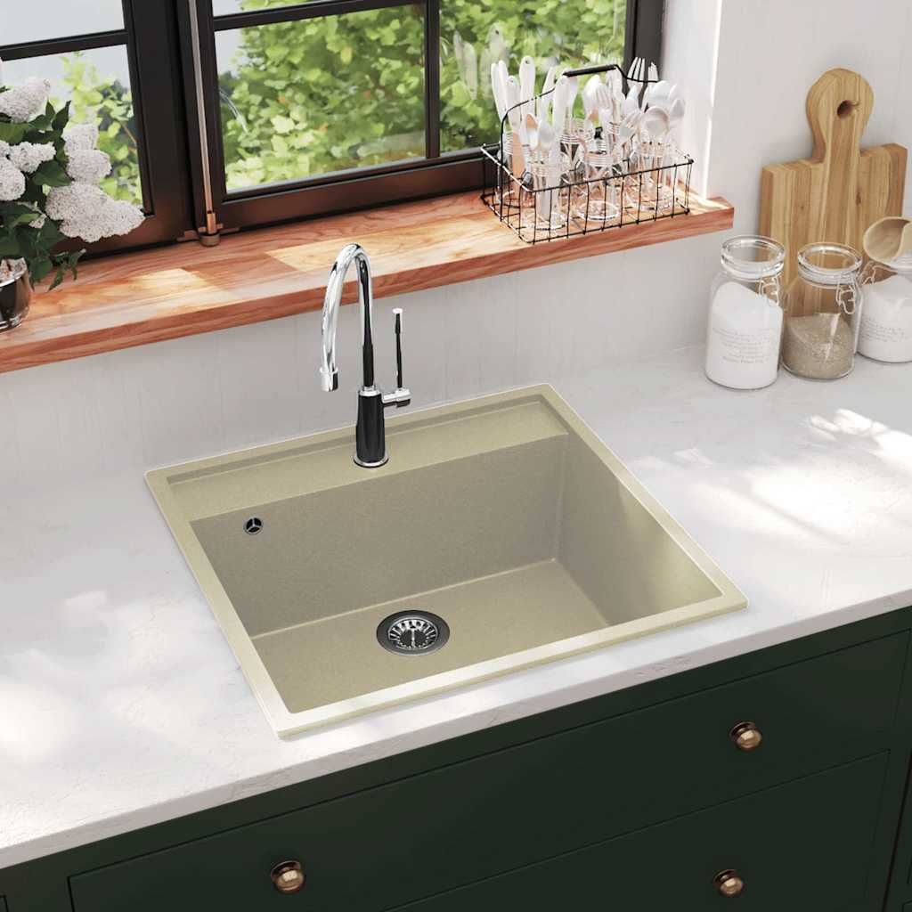 Lavello da Cucina con Foro Troppopieno Beige in Granito vidaXL