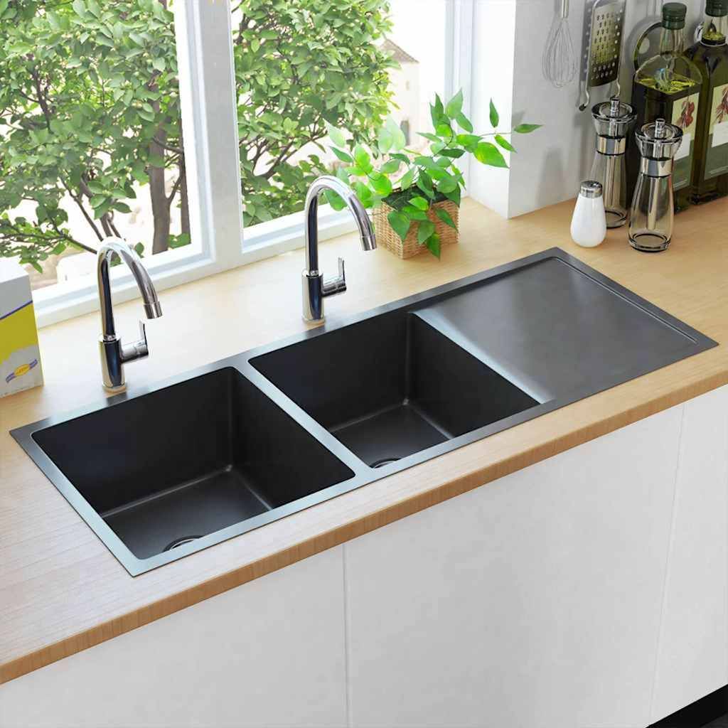 Lavello da Cucina Lavorato a Mano Nero in Acciaio Inox vidaXL