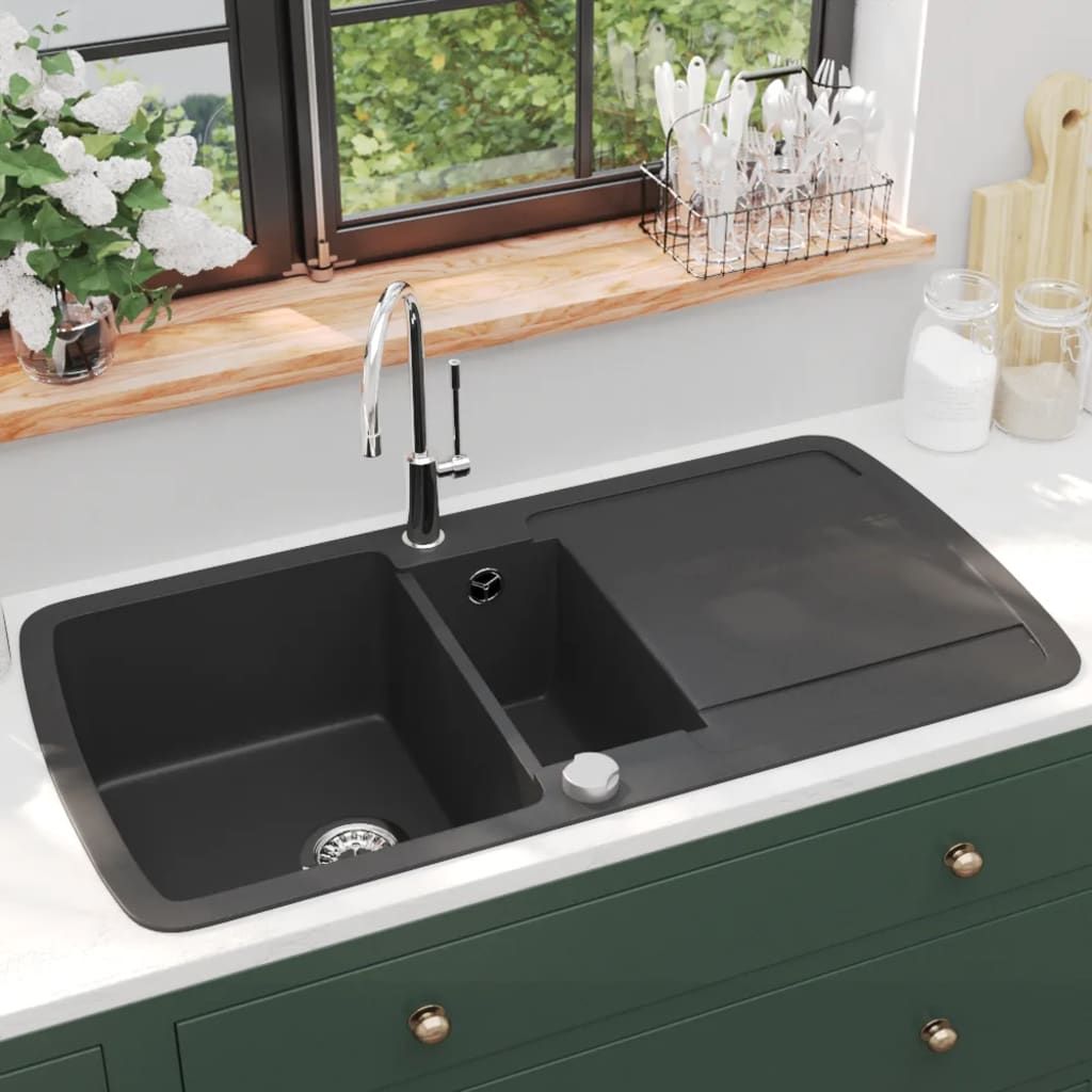 Lavello da Cucina in Granito Vasca Doppia Nero vidaXL
