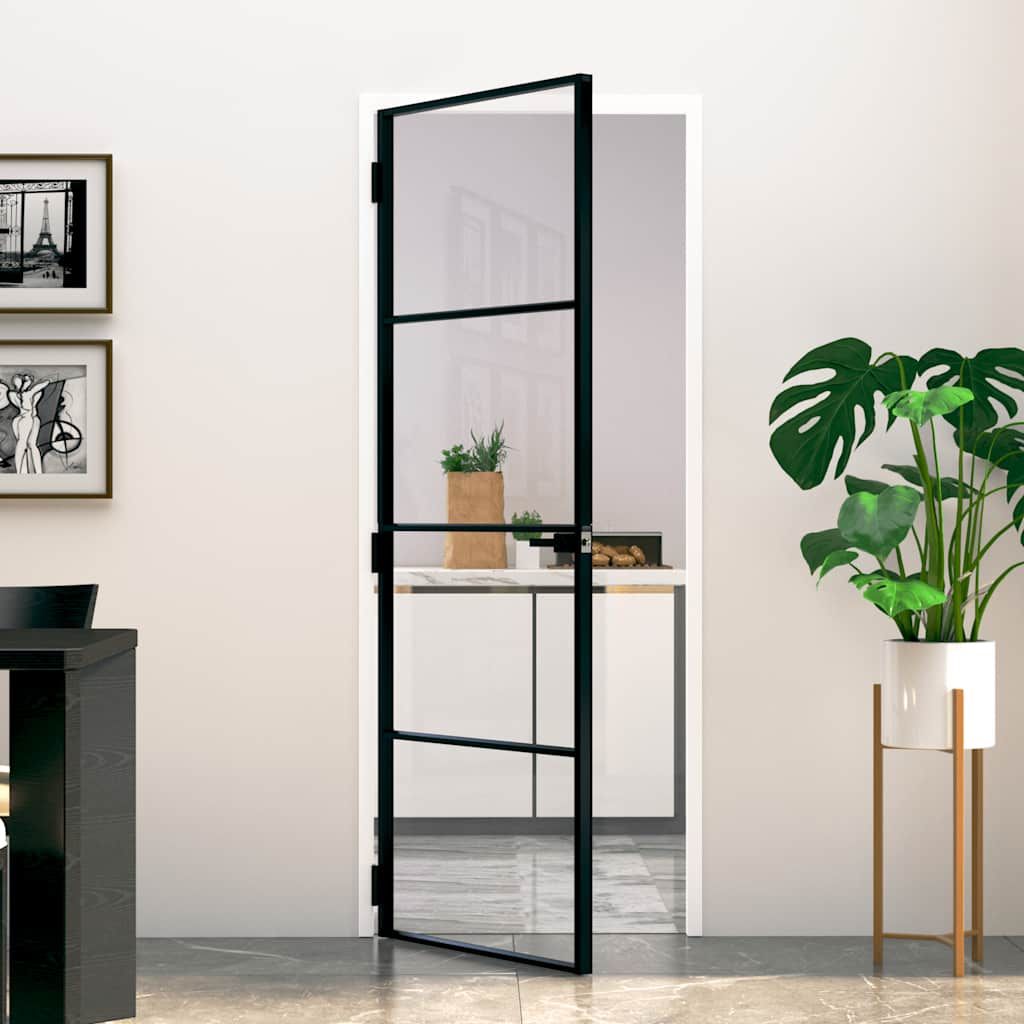 Porta Interna Nera 76x201,5cm Vetro Temperato Alluminio Sottile vidaXL