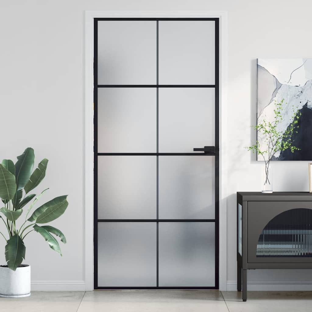 Porta Interni Sottile Nera 93x201,5cm Vetro Temperato Alluminio vidaXL