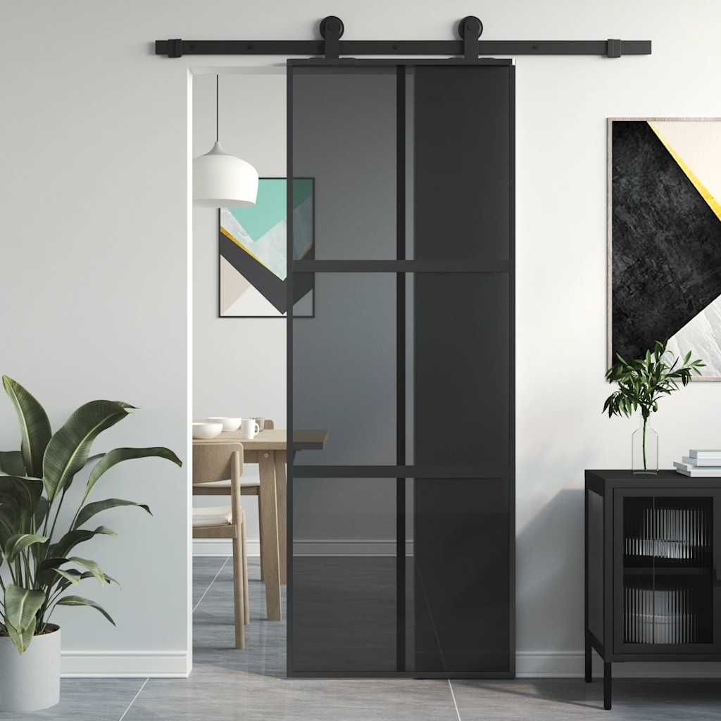 Porta Scorrevole Nera 76x205 cm in Vetro Temperato e Alluminio vidaXL