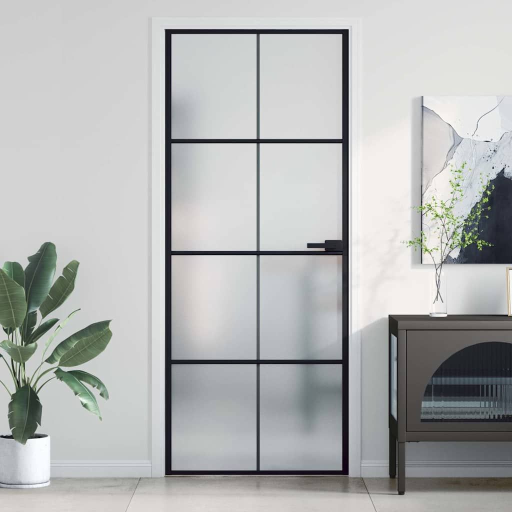 Porta Interni Sottile Nera 83x201,5cm Vetro Temperato Alluminio vidaXL