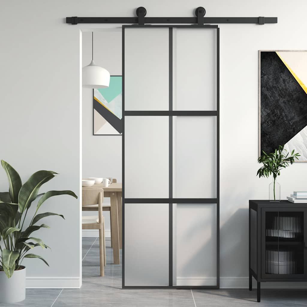 Porta Scorrevole Nera 76x205 cm in Vetro Temperato e Alluminio vidaXL
