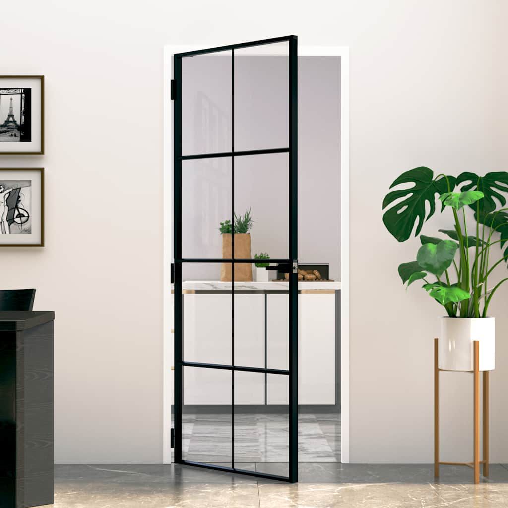 Porta Interna Nera 83x201,5cm Vetro Temperato Alluminio Sottile vidaXL