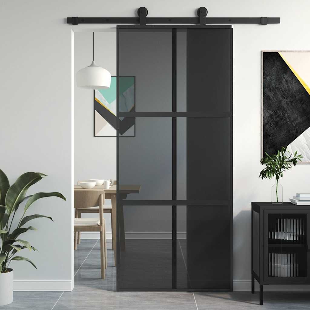 Porta Scorrevole Nera 90x205 cm in Vetro Temperato e Alluminio vidaXL