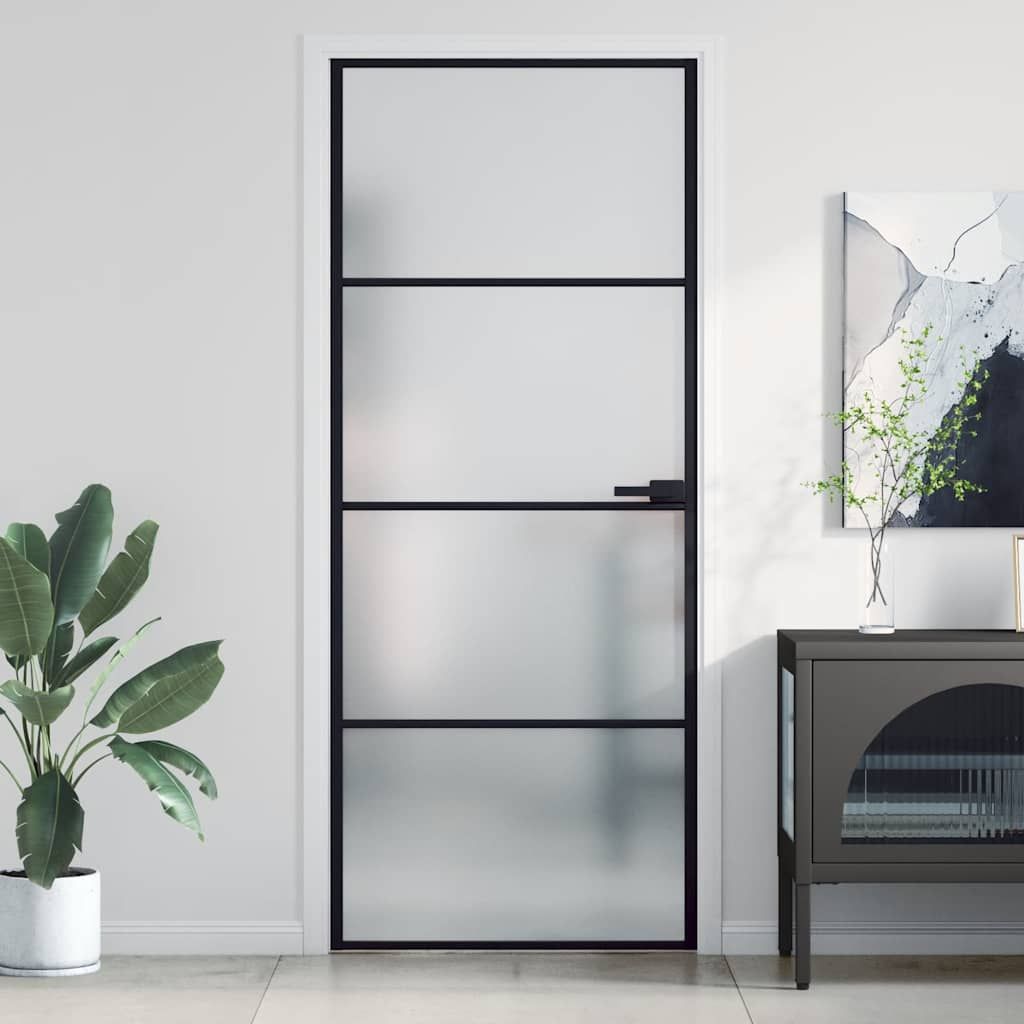 Porta Interni Sottile Nera 83x201,5cm Vetro Temperato Alluminio vidaXL