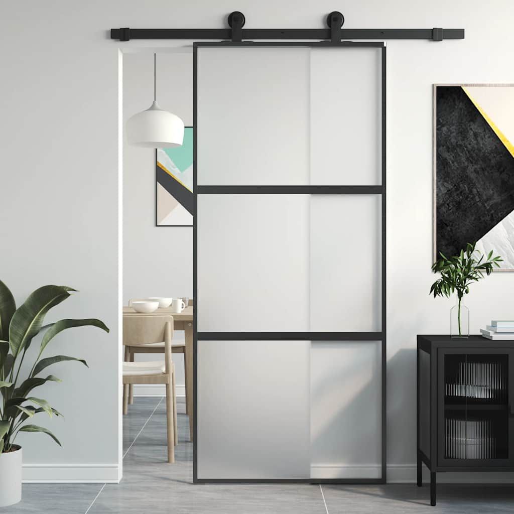 Porta Scorrevole Nera 90x205 cm in Vetro Temperato e Alluminio vidaXL