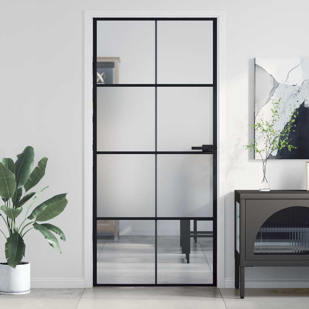 Porta Interni Sottile Nera 93x201,5cm Vetro Temperato Alluminio vidaXL