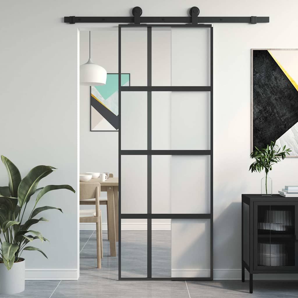 Porta Scorrevole Nera 76x205 cm in Vetro Temperato e Alluminio vidaXL