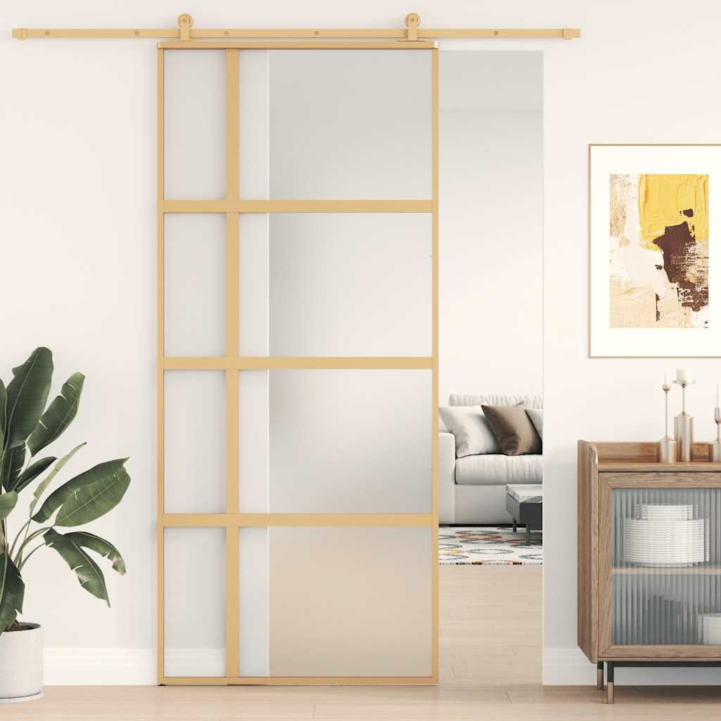 Porta Scorrevole Dorata 90x205 Vetro Smerigliato ESG Alluminio vidaXL