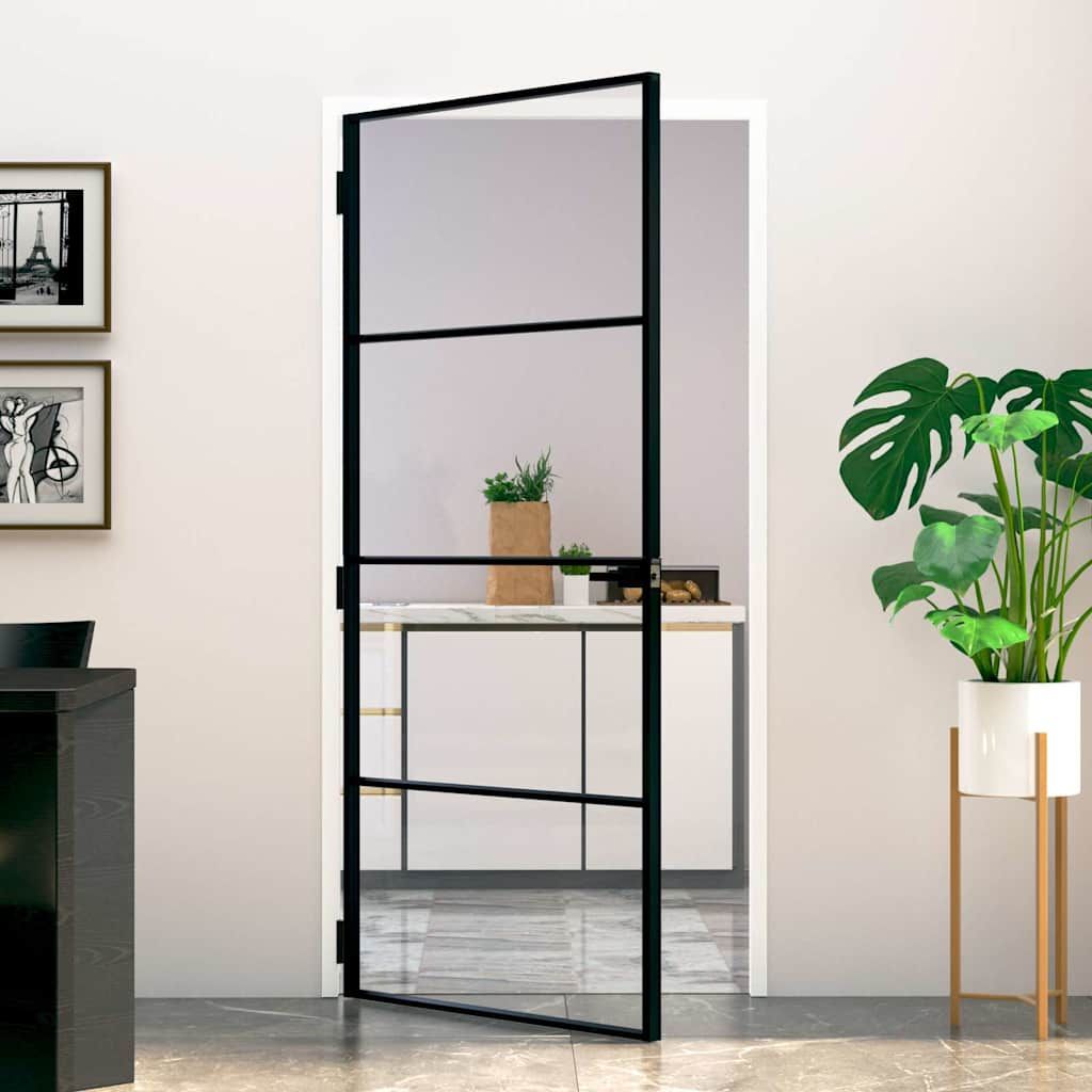 Porta Interna Nera 93x201,5cm Vetro Temperato Alluminio Sottile vidaXL