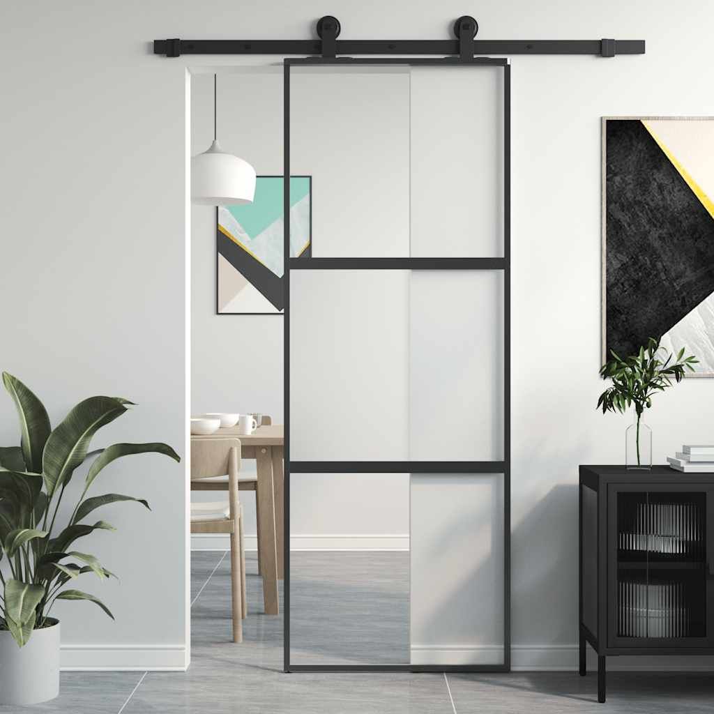 Porta Scorrevole Nera 76x205 cm in Vetro Temperato e Alluminio vidaXL