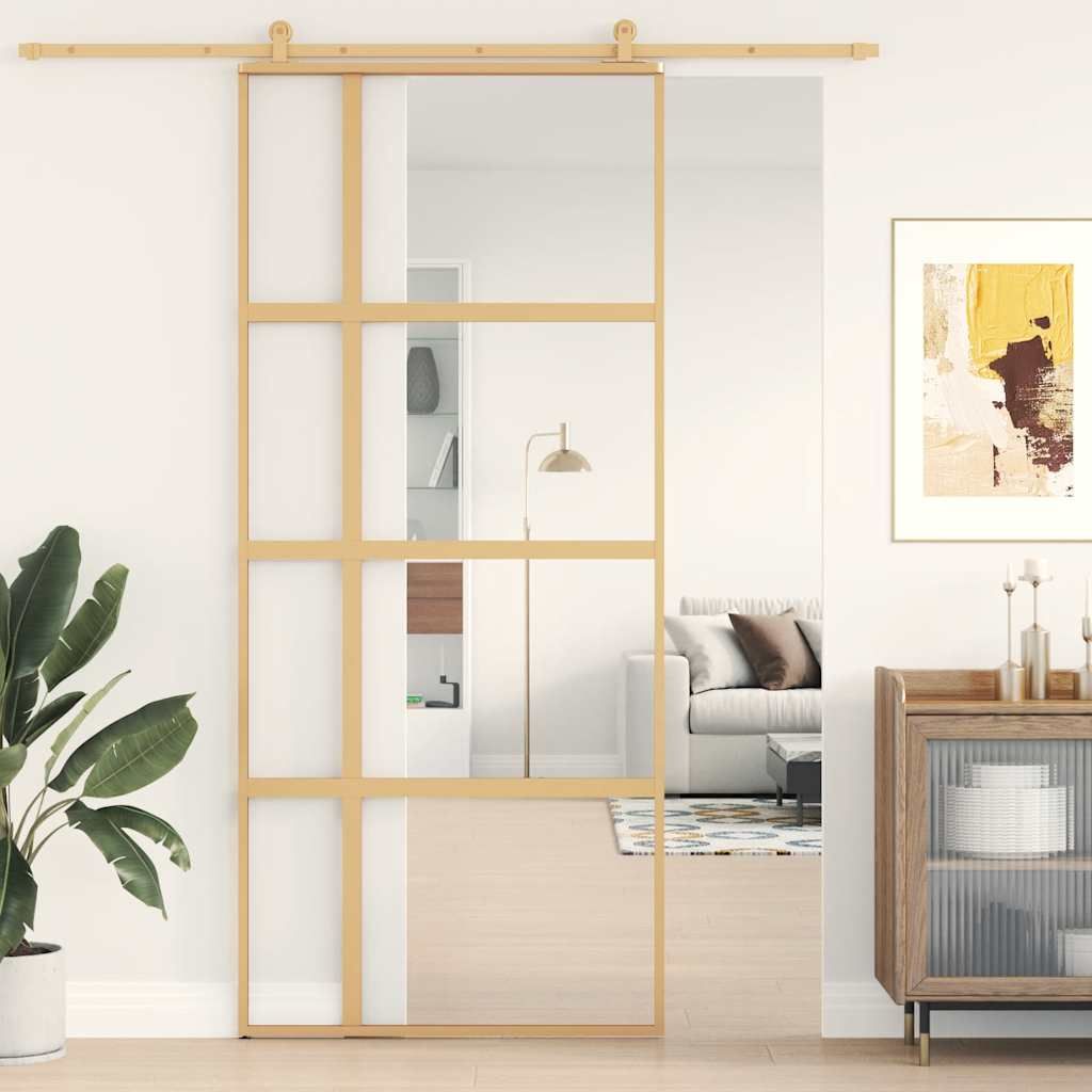 Porta Scorrevole Dorata 90x205 Vetro Trasparente ESG Alluminio vidaXL