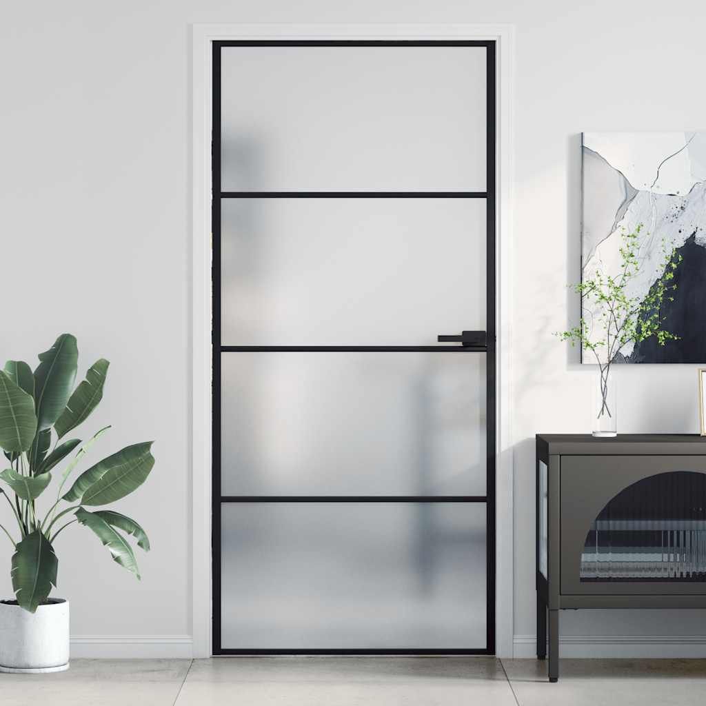 Porta Interni Sottile Nera 93x201,5cm Vetro Temperato Alluminio vidaXL