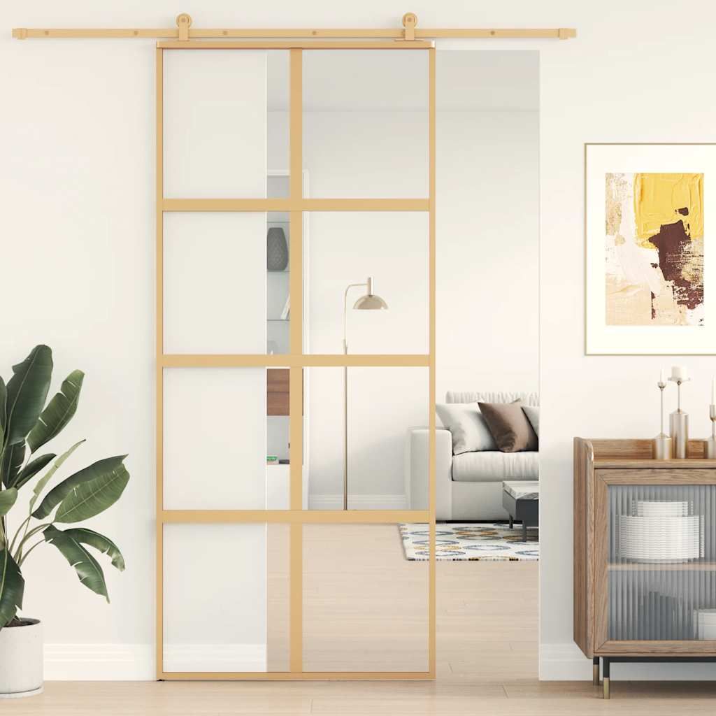 Porta Scorrevole Dorata 90x205 Vetro Trasparente ESG Alluminio vidaXL