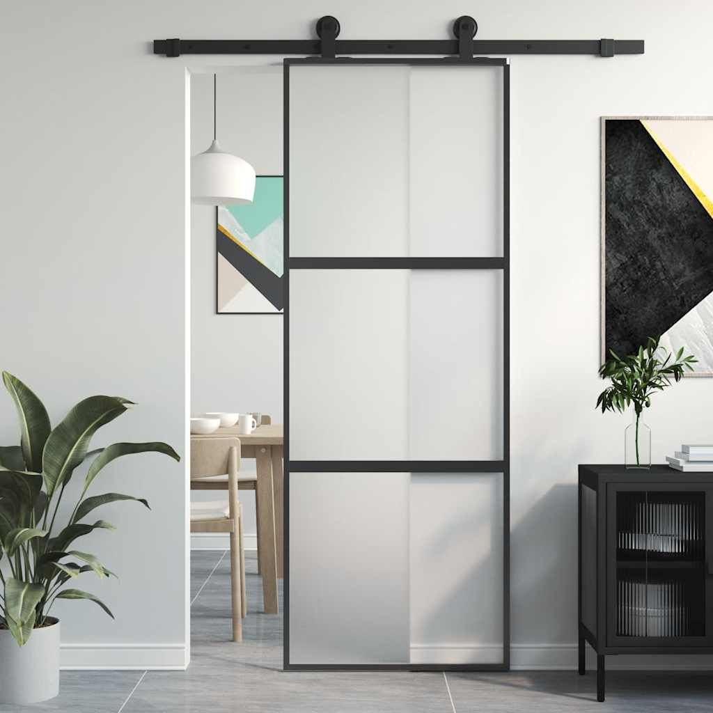 Porta Scorrevole Nera 76x205 cm in Vetro Temperato e Alluminio vidaXL
