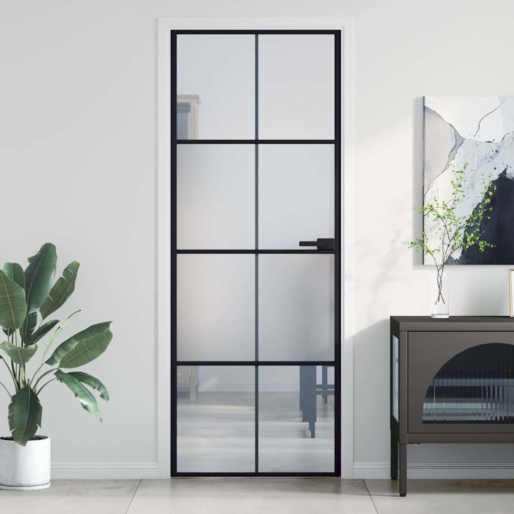 Porta Interni Sottile Nera 76x201,5cm Vetro Temperato Alluminio vidaXL