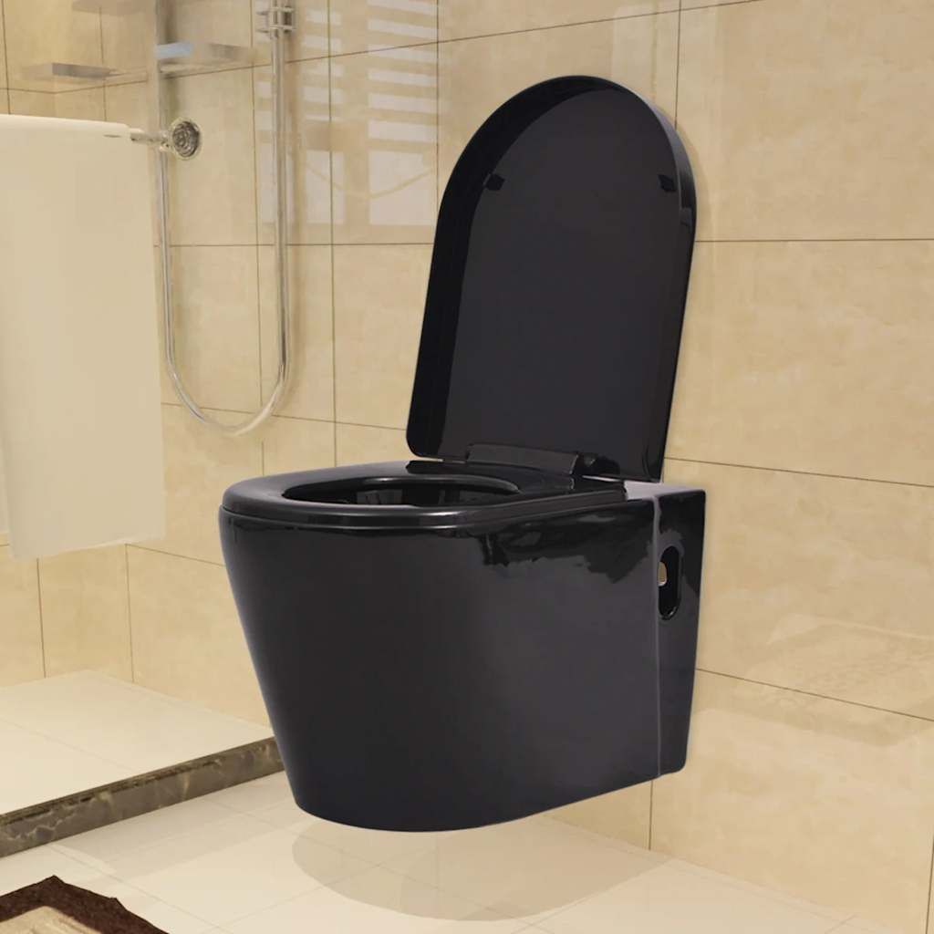 WC a Muro con Sciacquone Nascosto in Ceramica Nera vidaXL
