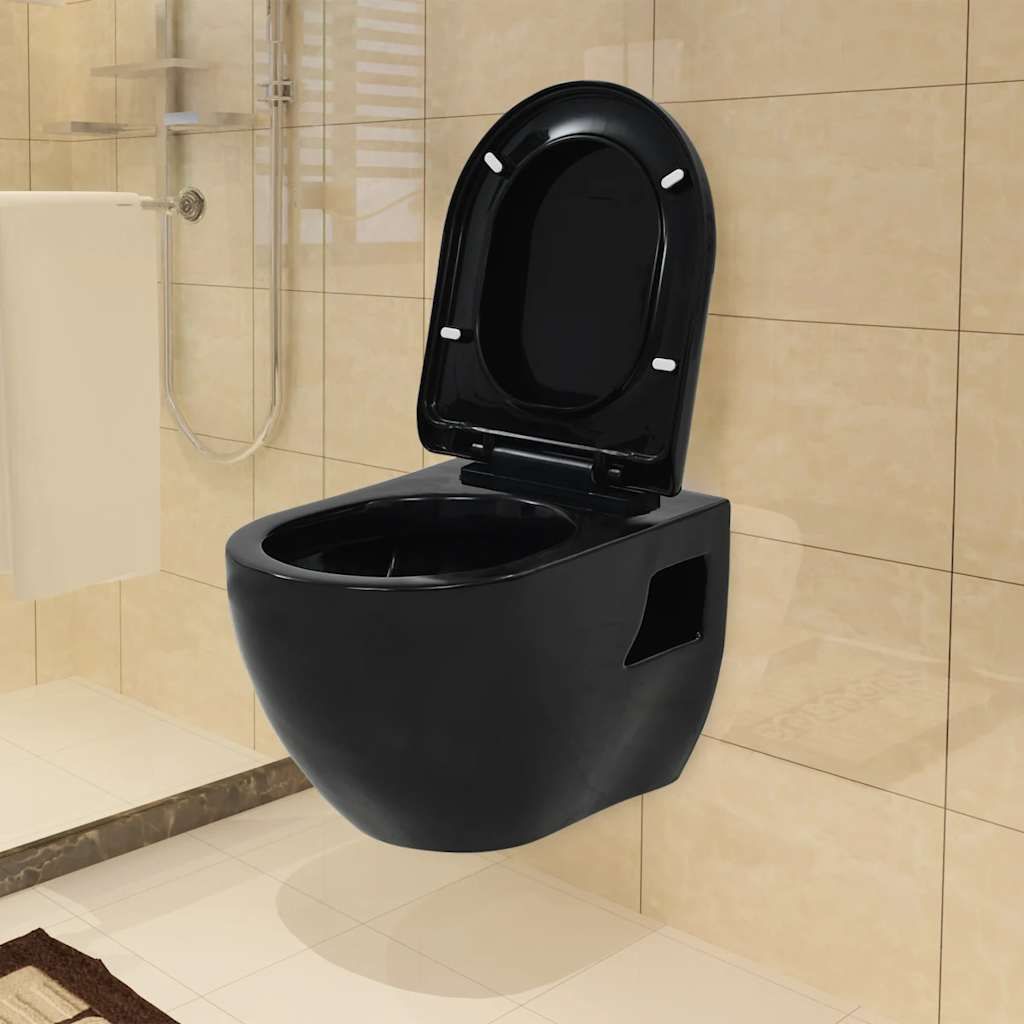 WC a Muro con Sciacquone Nascosto in Ceramica Nera vidaXL