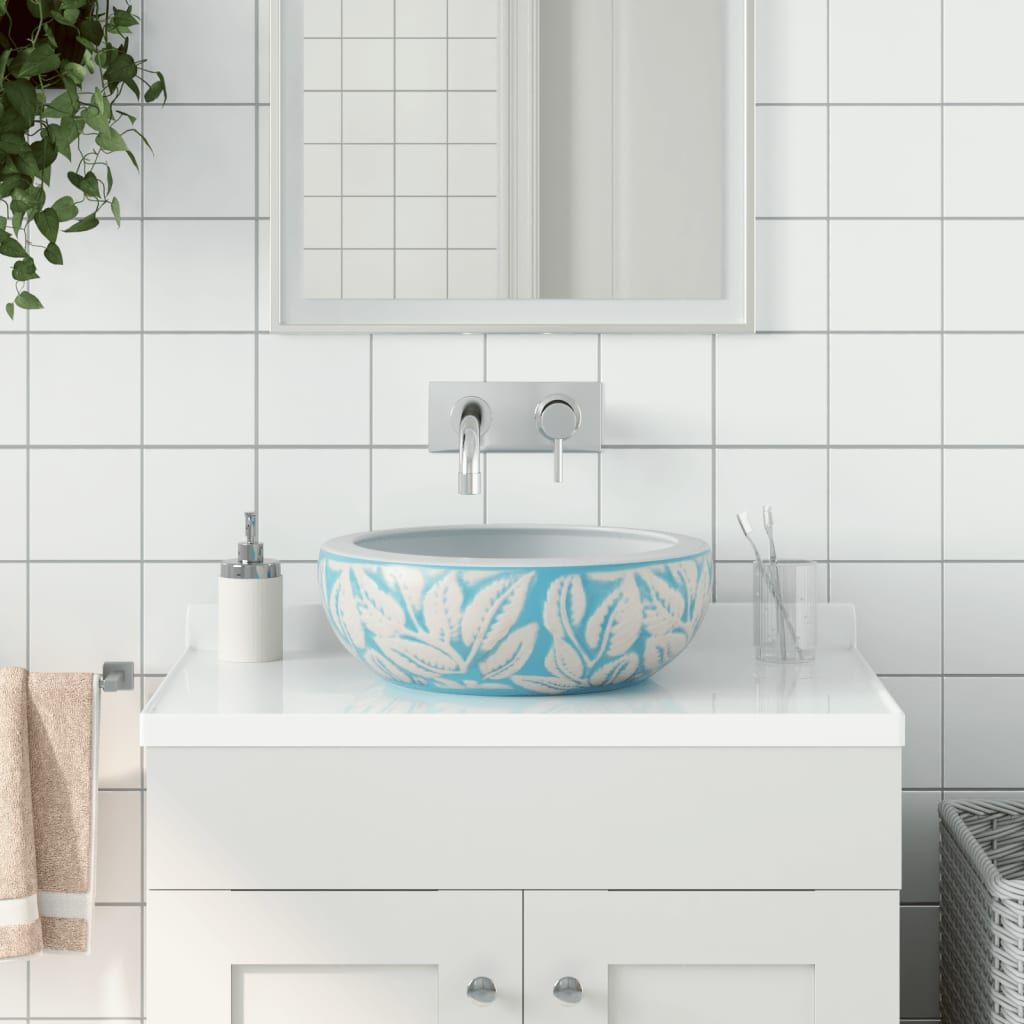 Lavabo da Appoggio Bianco e Blu Rotondo Φ41x14 cm Ceramica vidaXL