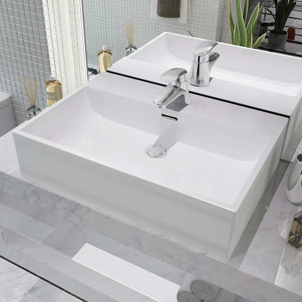 Lavandino con Foro Rubinetto Ceramica Bianca 60,5x42,5x14,5 cm vidaXL