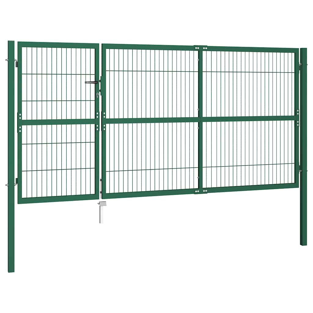 Cancello per Recinzione da Giardino con Pali 350x140 cm in Acciaio Verde vidaXL