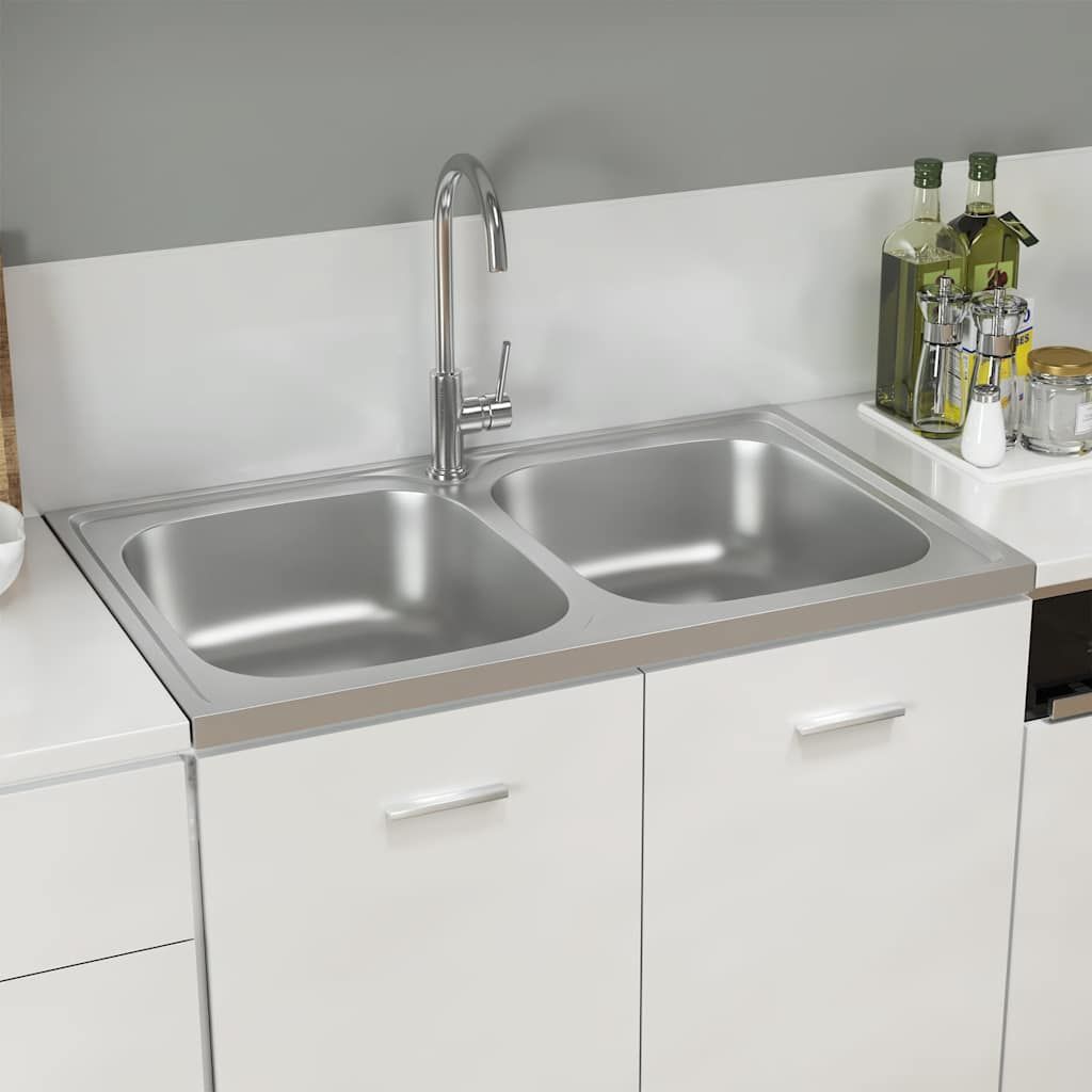 Lavello Cucina Doppia Vasca 800x500x155 mm Argento Acciaio Inox vidaXL