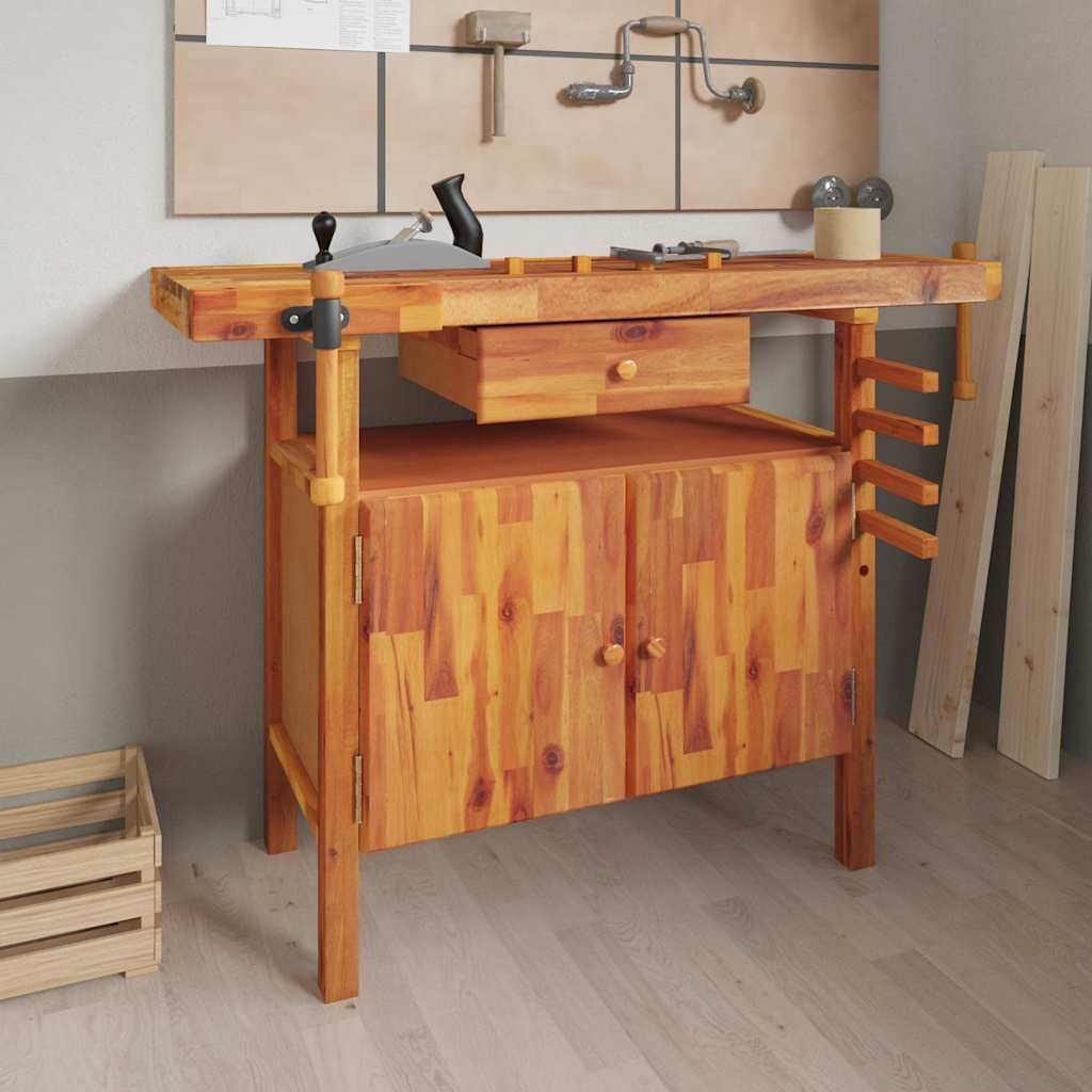 Banco da lavoro con cassetto e morse 124x52x83 cm in legno massello di acacia vidaXL