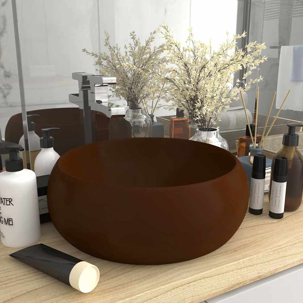Lavandino Lusso Rotondo Marrone Scuro Opaco 40x15cm in Ceramica vidaXL