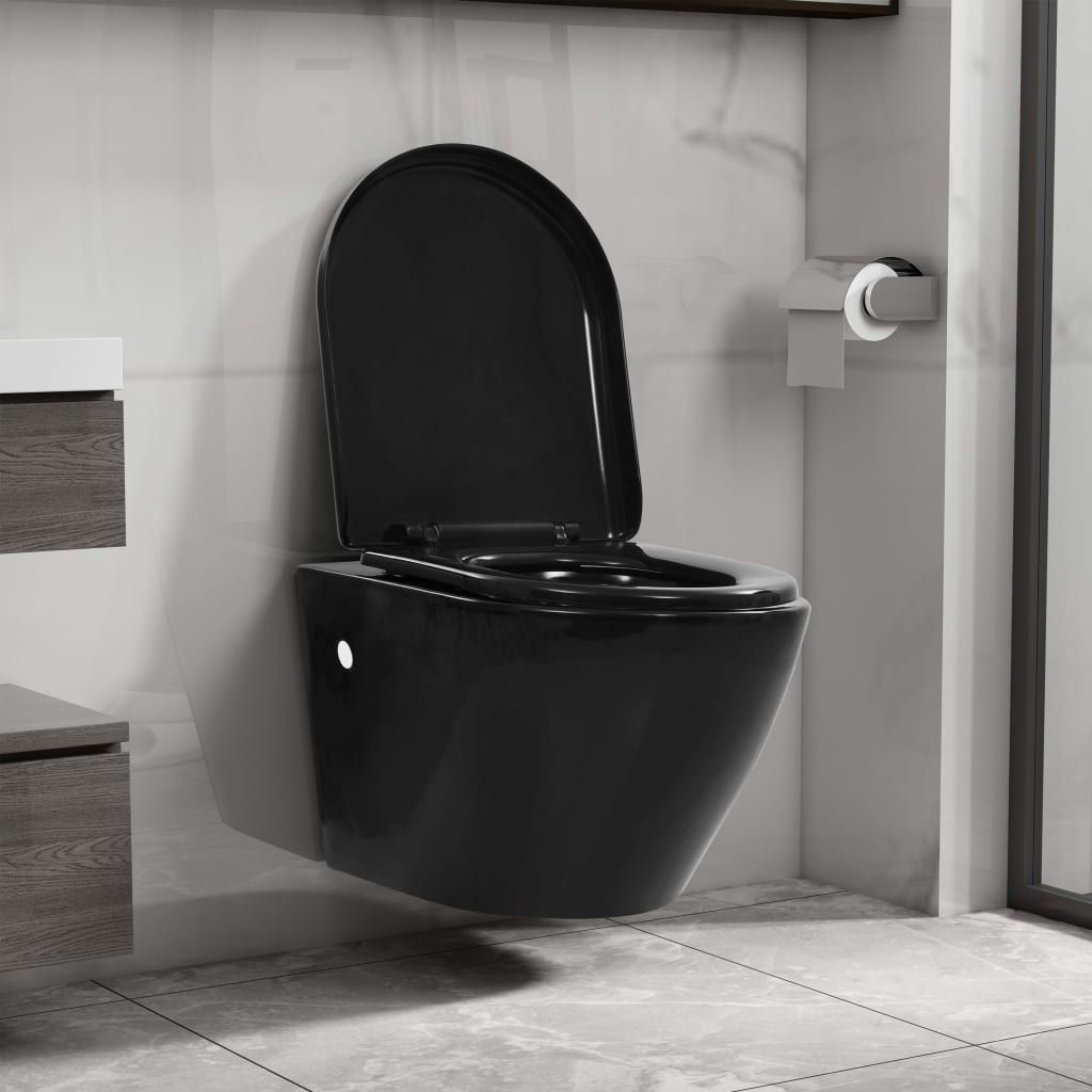 WC a Muro con Sciacquone Nascosto in Ceramica Nera vidaXL