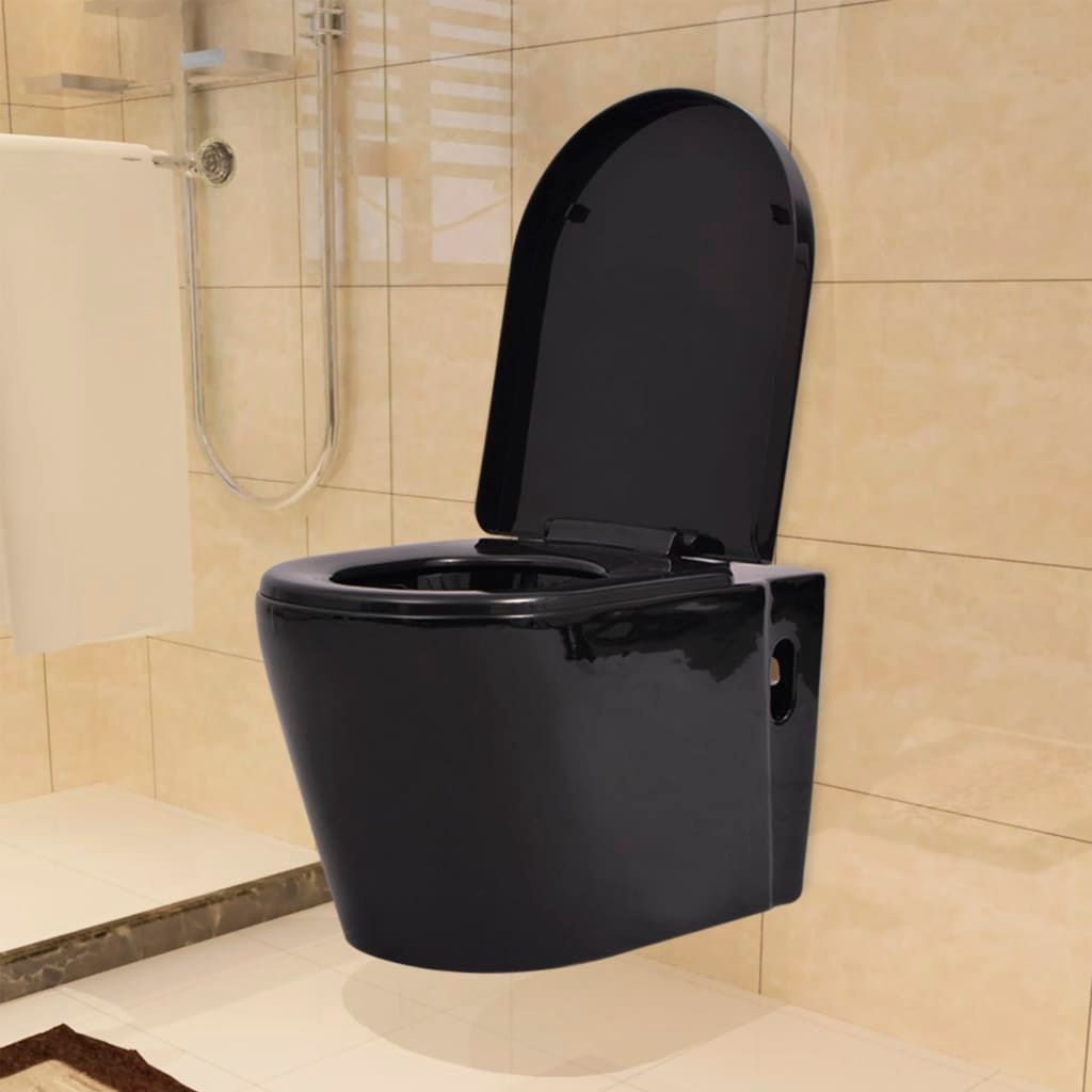 WC a Muro con Sciacquone Nascosto in Ceramica Nera vidaXL