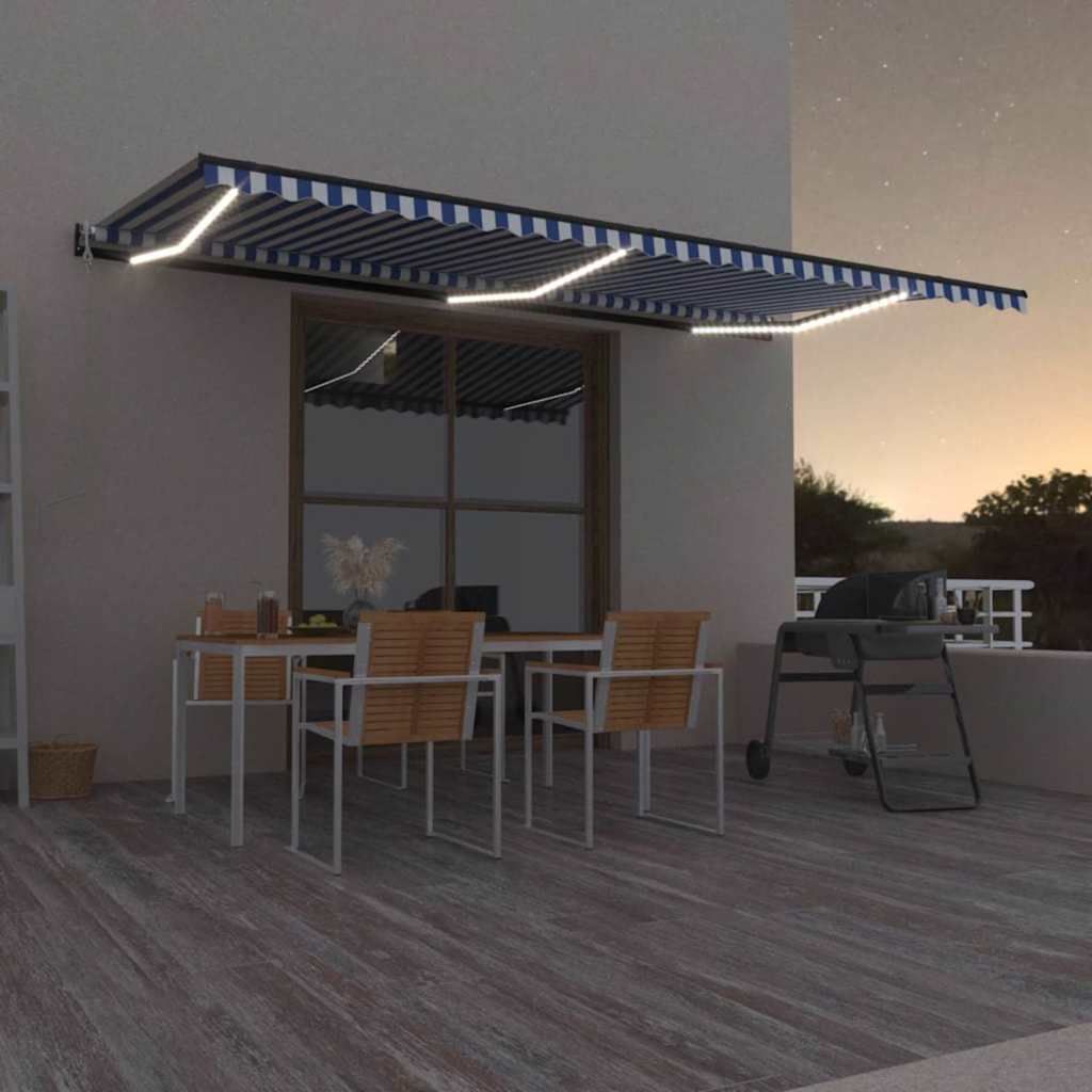 Tenda Automatica con Sensore Vento e LED 600x300 cm Blu Bianca vidaXL