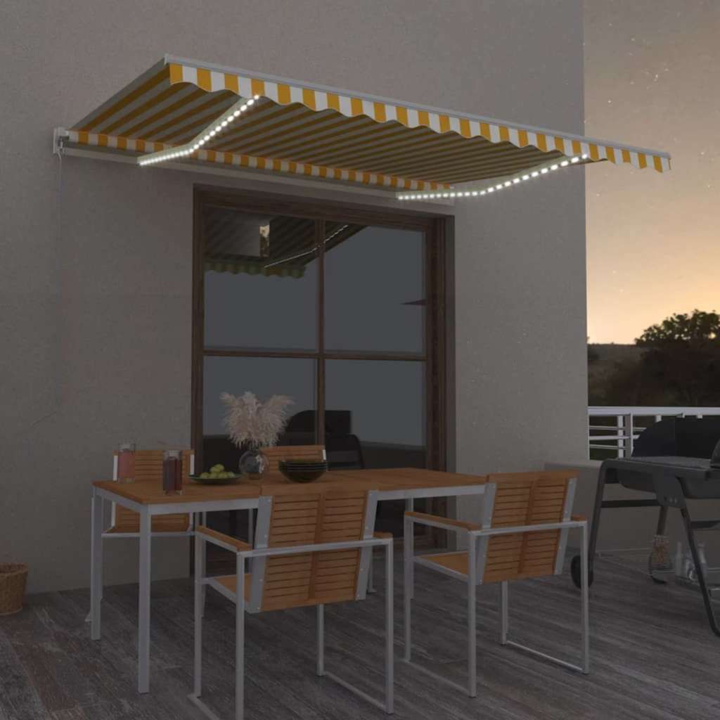 Tenda da Sole Retrattile Manuale LED 450x350 cm Giallo Bianco vidaXL