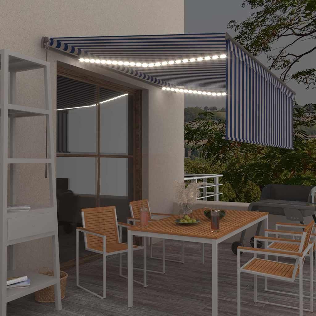 Tenda Sole Retrattile Manuale con LED 4,5x3m Blu e Bianco vidaXL