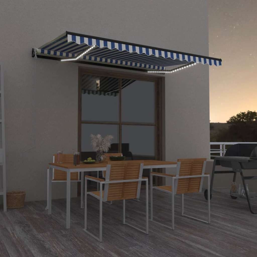 Tenda Automatica con Sensore Vento e LED 400x350 cm Blu Bianca vidaXL