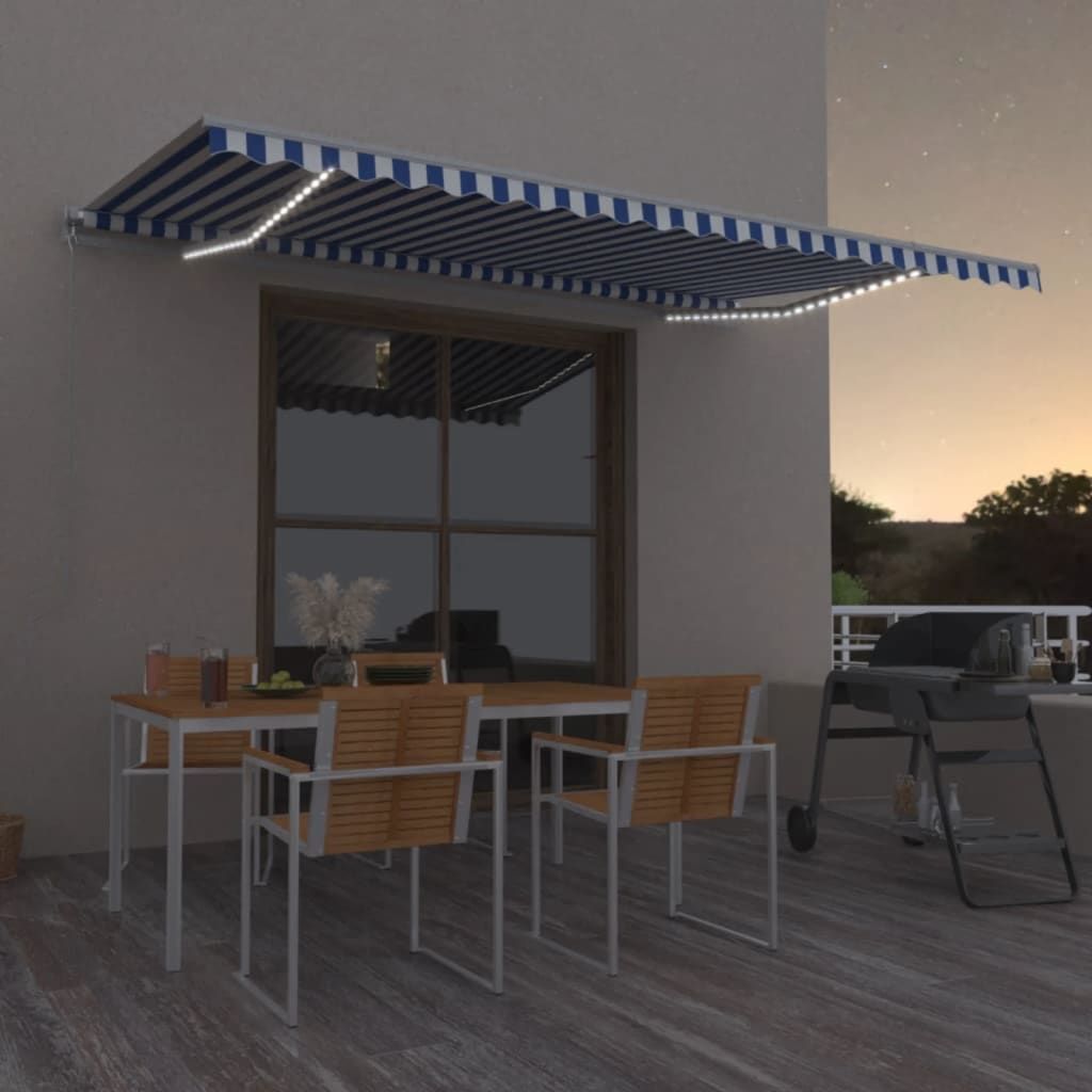 Tenda da Sole Retrattile Manuale LED 500x350 cm Blu e Bianca vidaXL