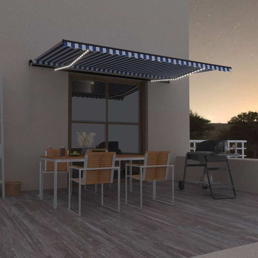 Tenda da Sole Retrattile Manuale con LED 500x300cm Blu e Bianco vidaXL