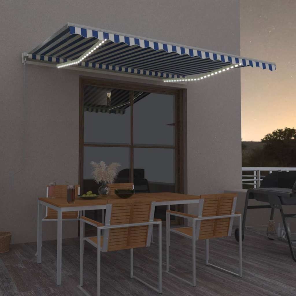 Tenda Automatica con Sensore Vento e LED 400x350 cm Blu Bianca vidaXL