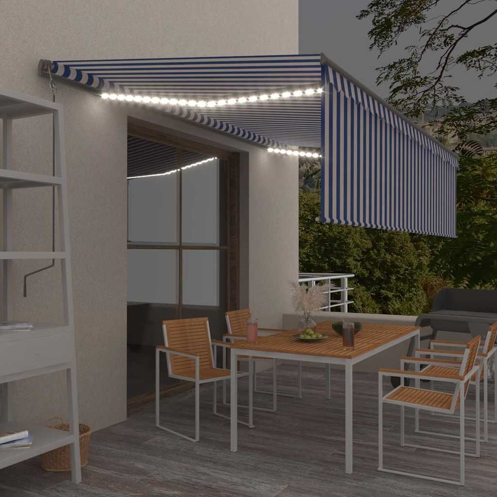 Tenda Sole Retrattile Manuale con LED 5x3m Blu e Bianco vidaXL